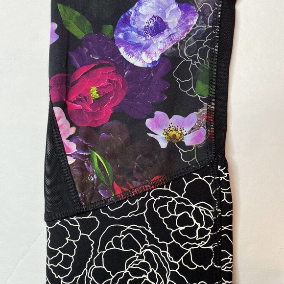RBX Floral Black Legging Capri Mid Ride Vented Mesh S Small Workout Yoga Running - Picture 7 of 8